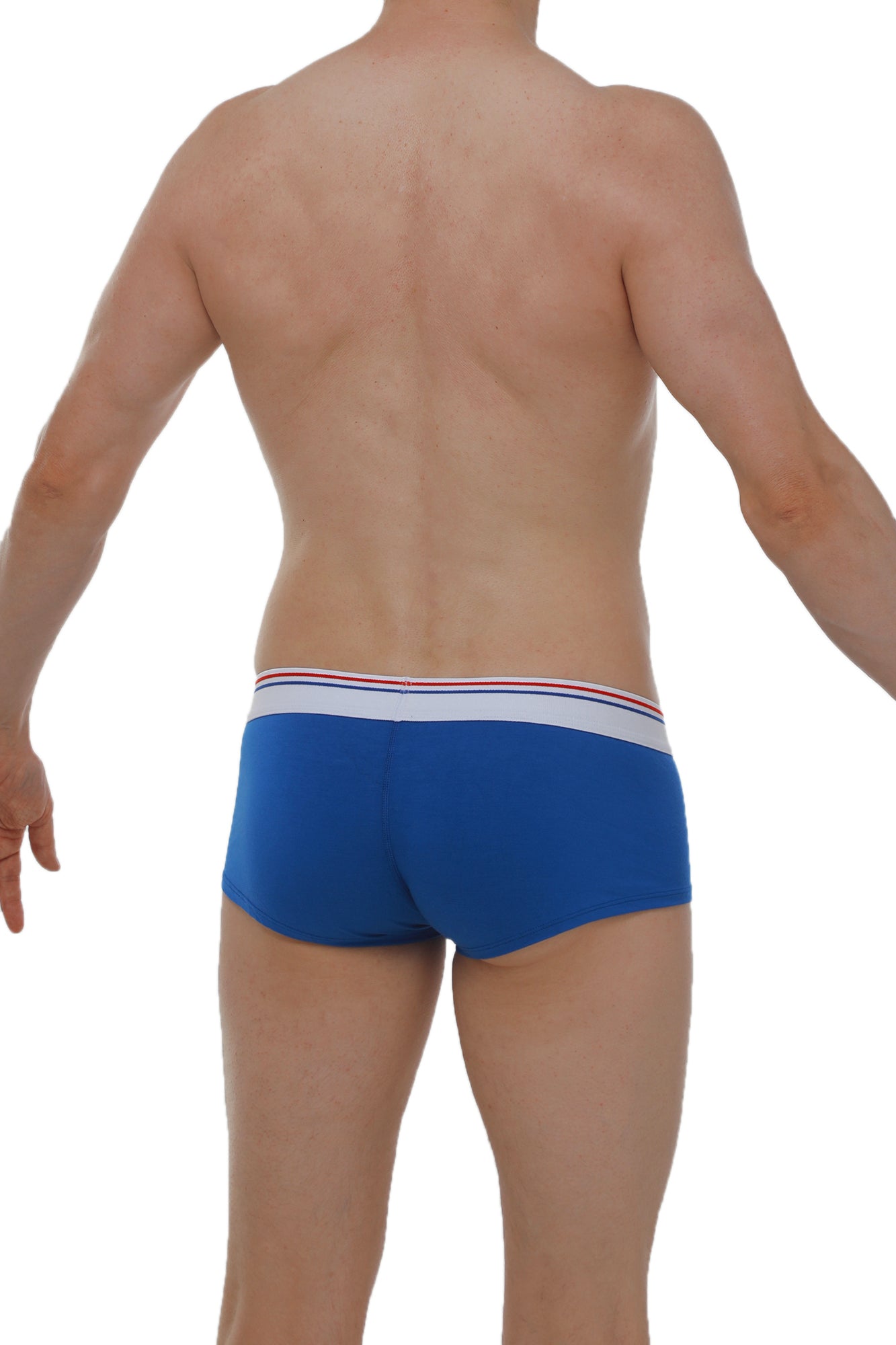 PetitQ boxer taik modal blue men’s briefs in blue with white waistband and thin red and blue stripes