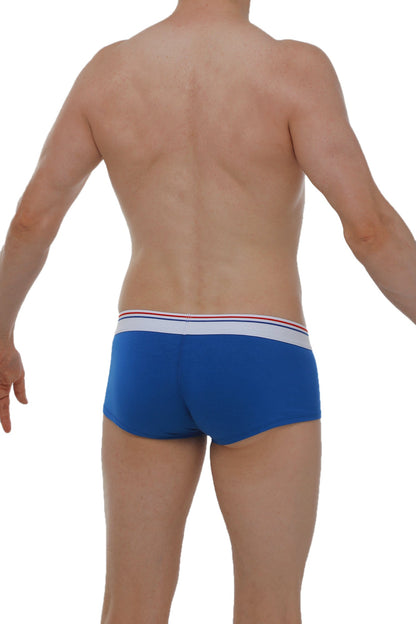 PetitQ boxer taik modal blue men’s briefs in blue with white waistband and thin red and blue stripes