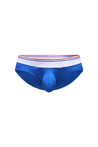 Blue petitq brief ball-lifter men’s briefs with white waistband red blue stripes and embossed bettino branding