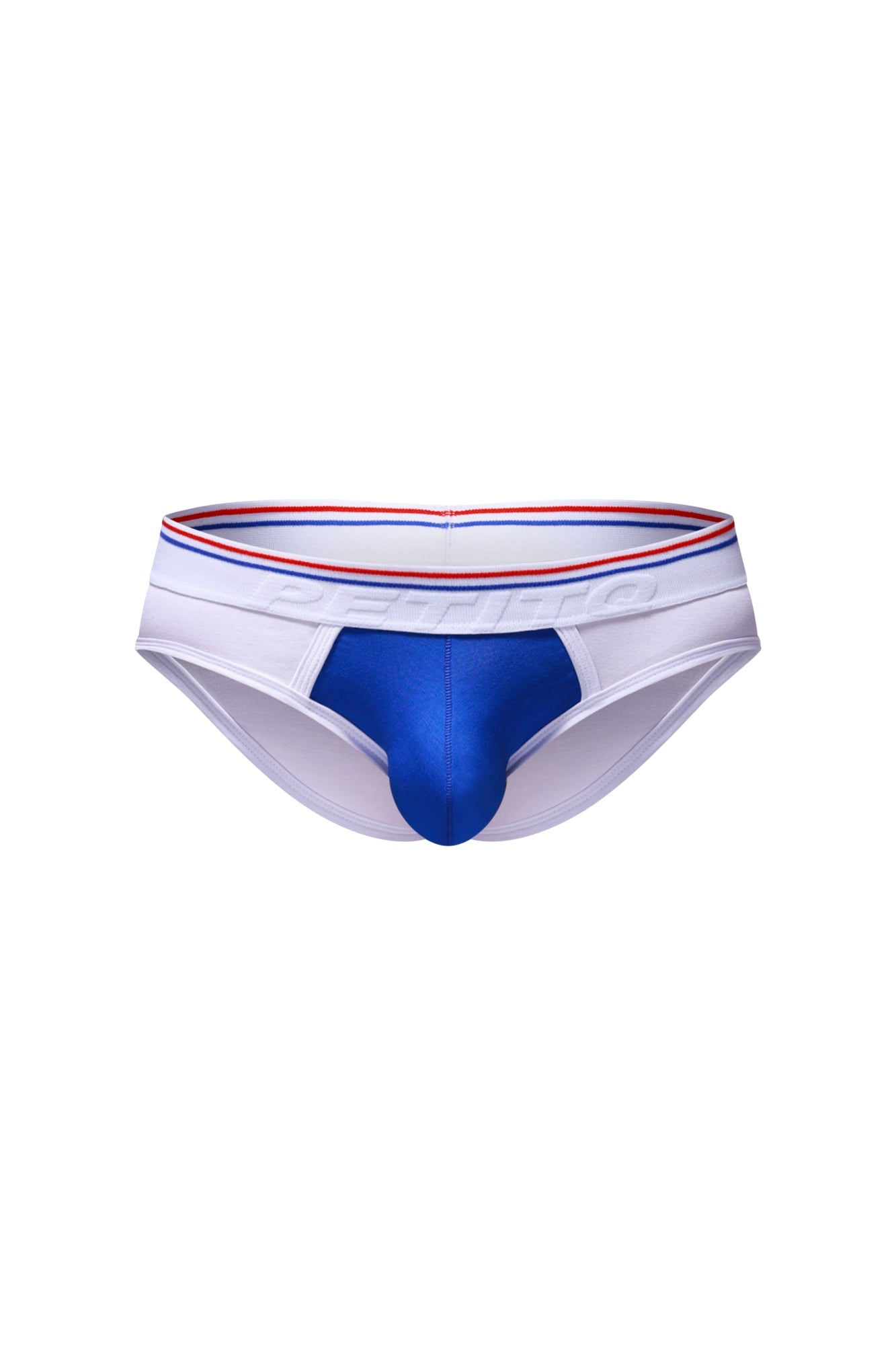 PetitQ Brief Bovel White athletic briefs in white and royal blue with a red white and blue striped waistband