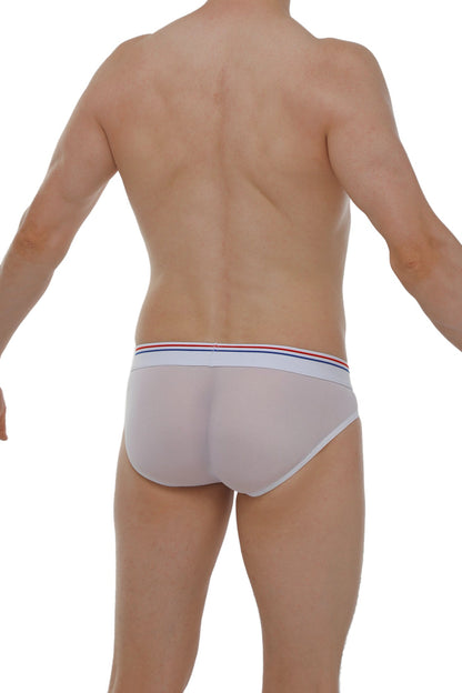 PetitQ brief dolmen net white mesh briefs with a red white and blue striped waistband front view
