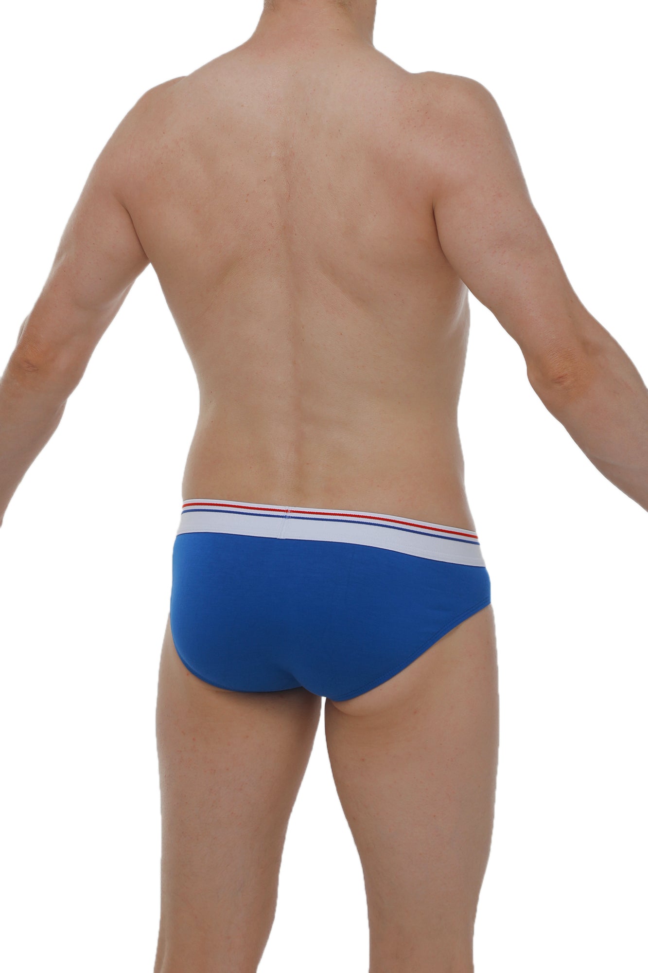Blue petitq brief dome modal men’s briefs with white waistband featuring thin red and blue stripes