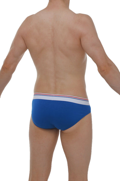 Blue petitq brief dome modal men’s briefs with white waistband featuring thin red and blue stripes