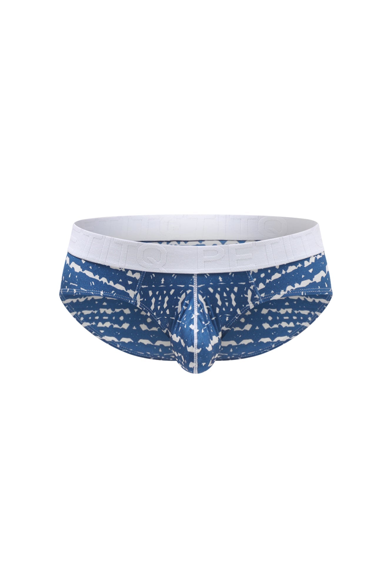 Petitq brief dome new denim blue and white patterned men’s briefs with solid white waistband front view