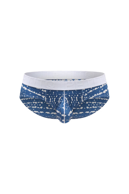 Petitq brief dome new denim blue and white patterned men’s briefs with solid white waistband front view