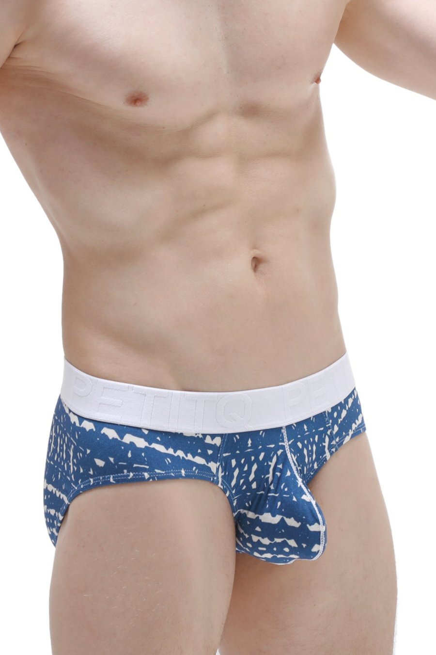 PetitQ brief Dome New Denim men’s briefs in blue and white pattern with solid white waistband for comfort and style