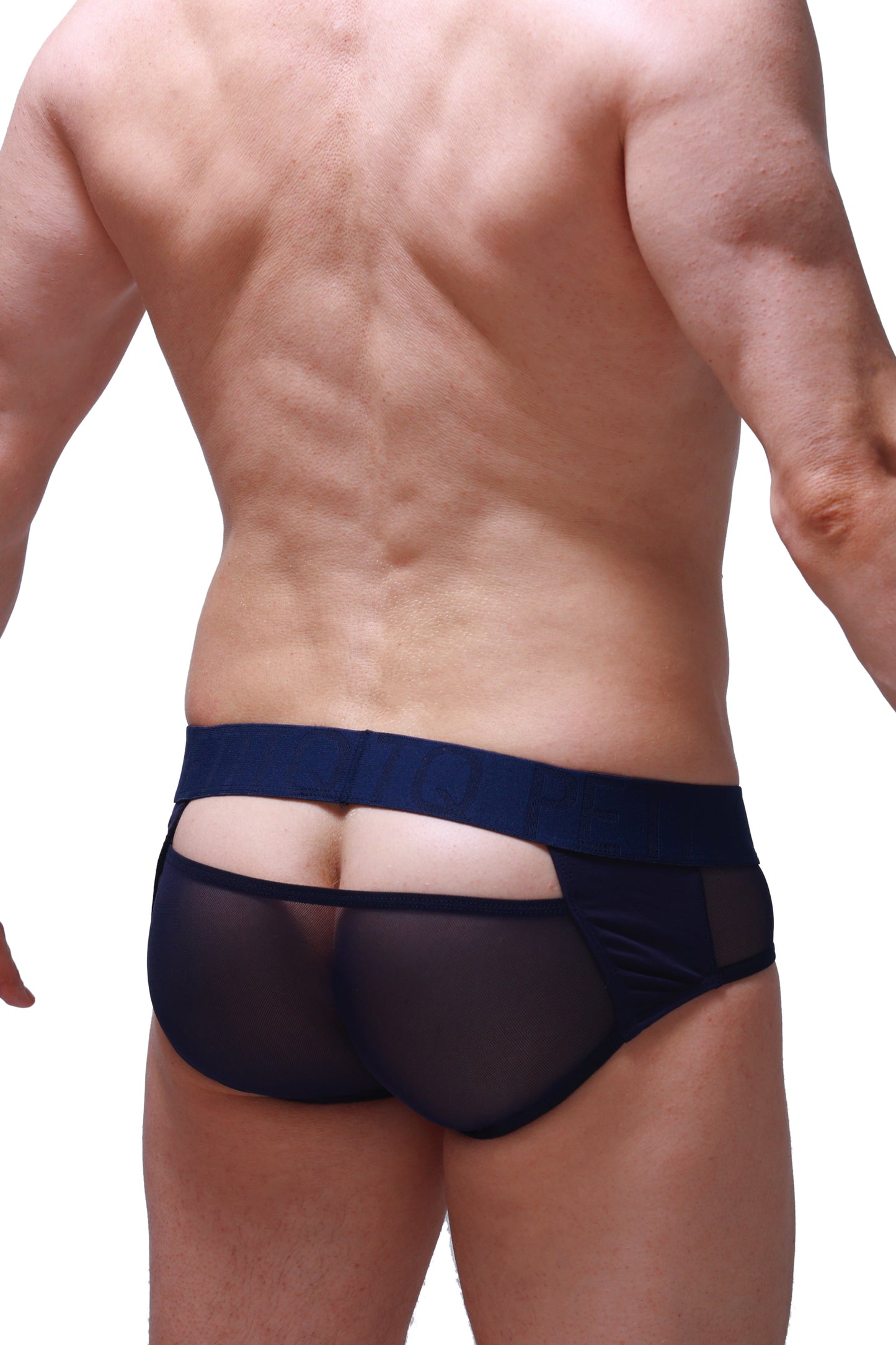 Navy blue sheer mesh briefs with a solid waistband from petitq brief dugny navy product line
