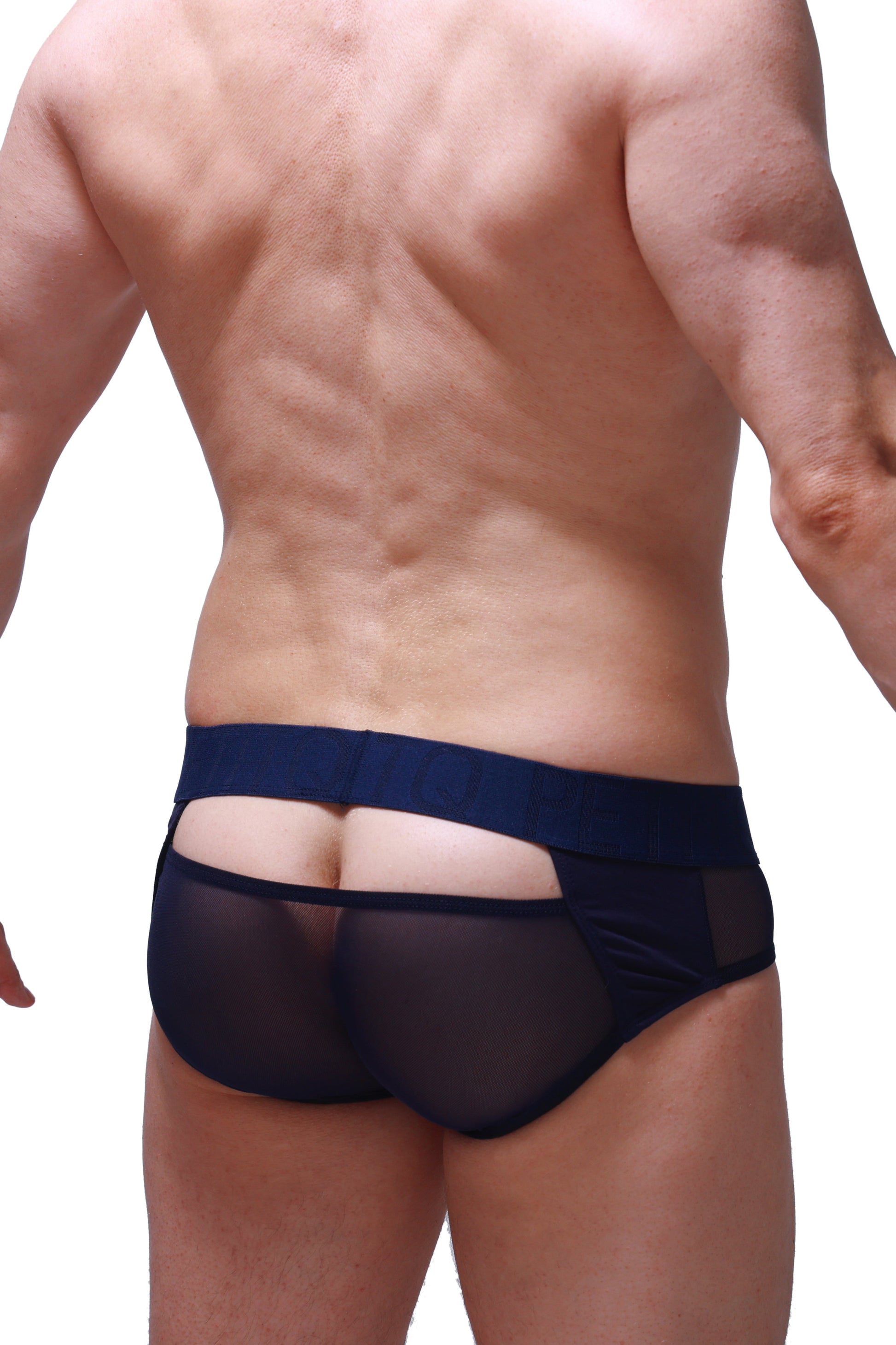 Navy blue sheer mesh briefs with a solid waistband from petitq brief dugny navy product line