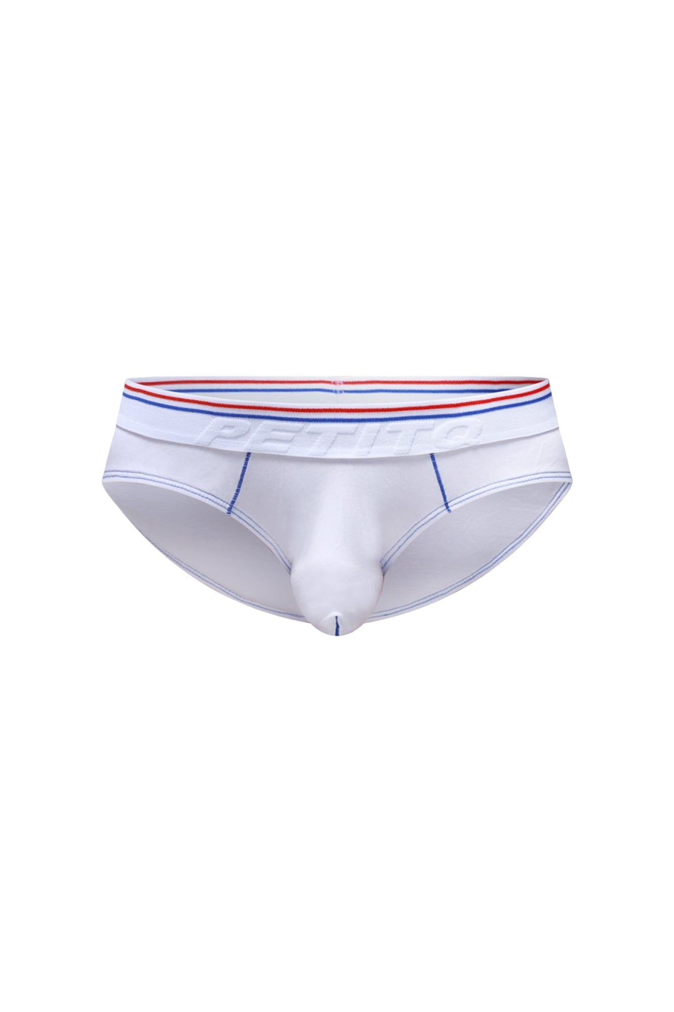 Petitq white men’s briefs with red white and blue striped waistband and embossed pentti branding in modal fabric