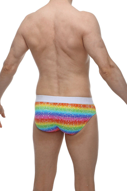 Petitq brief hang rainbow men’s glittery briefs with rainbow stripes and white waistband front view