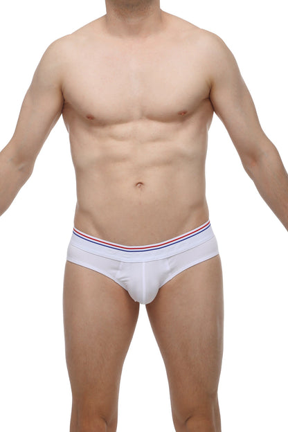 PetitQ brief Livet white men’s underwear with white briefs and a red white and blue striped waistband
