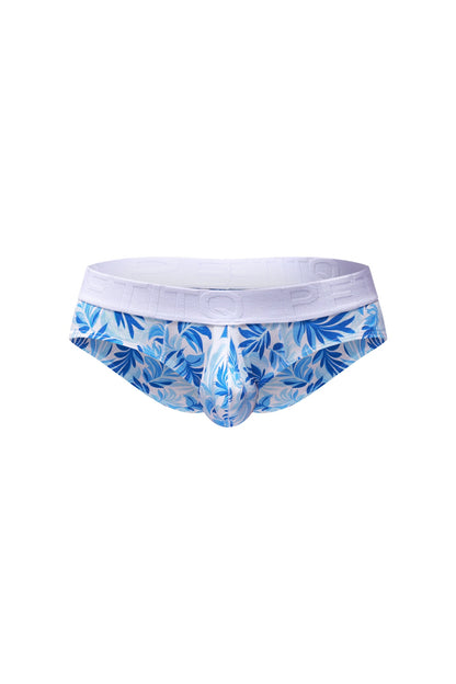 Petitq brief mega bulge maeha blue and white leaf-patterned men’s briefs with solid white waistband