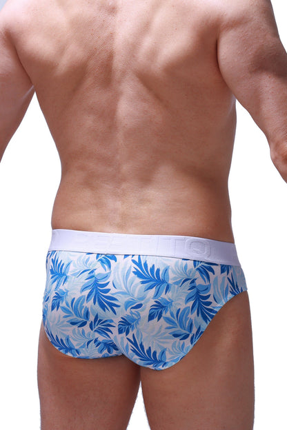 Blue and white tropical leaf-patterned men briefs with solid white waistband from PetitQ brief mega bulge maeha