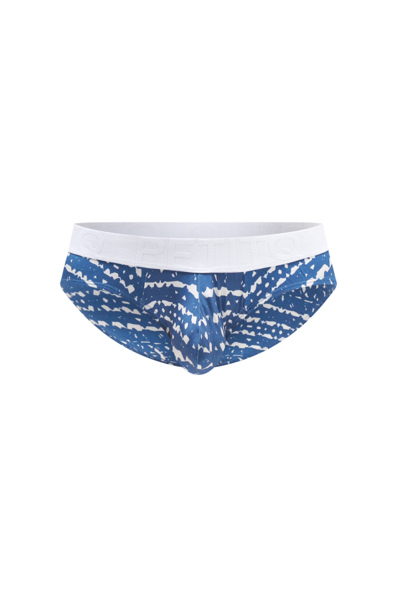 Blue and white patterned men’s briefs with solid white waistband from petitq brief mega bulge new denim collection