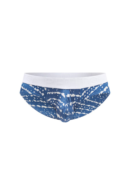 Blue and white patterned men’s briefs with solid white waistband from petitq brief mega bulge new denim collection