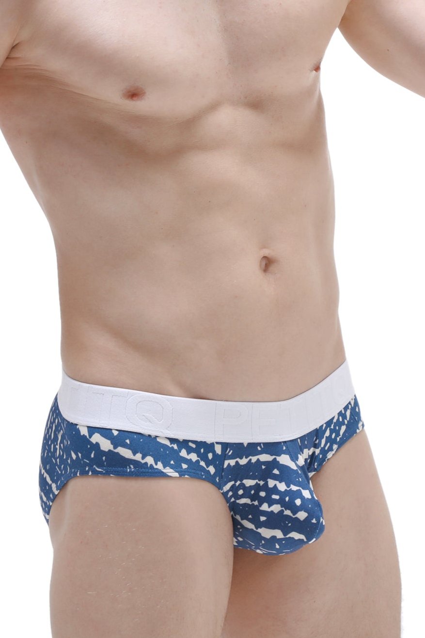 Blue and white patterned PetitQ brief mega bulge new denim men’s briefs with solid white waistband for daily comfort