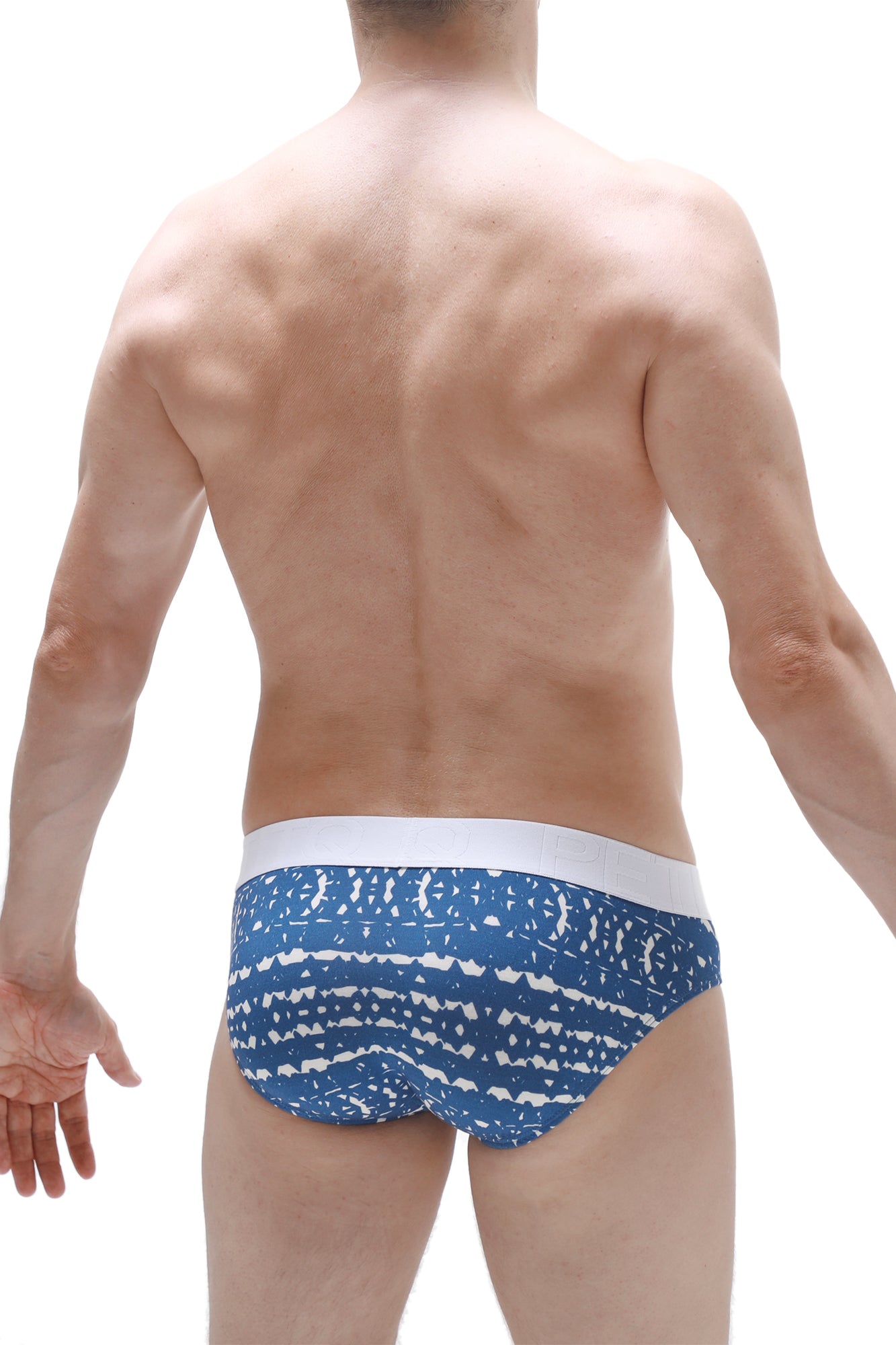 PetitQ brief mega bulge mens blue and white patterned briefs with solid white waistband in new denim material