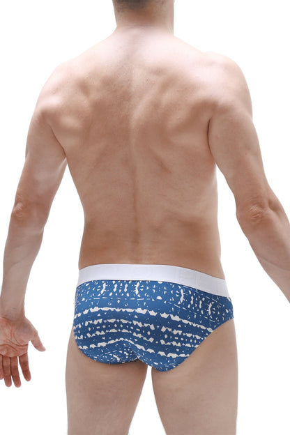 PetitQ brief mega bulge mens blue and white patterned briefs with solid white waistband in new denim material