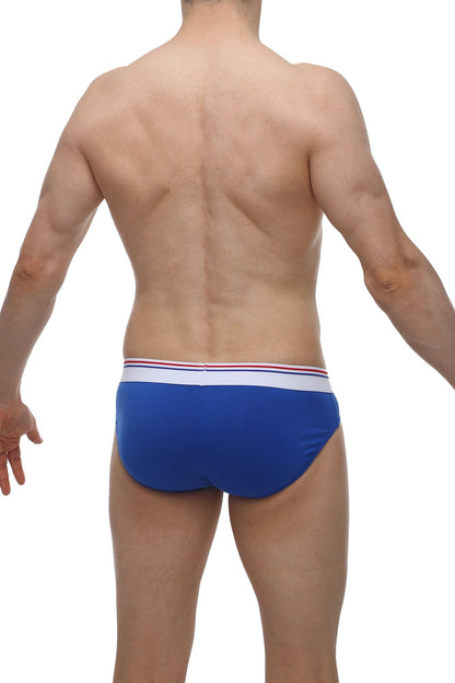 Blue petitq brief menhir modal men briefs with white waistband featuring thin red and blue stripes