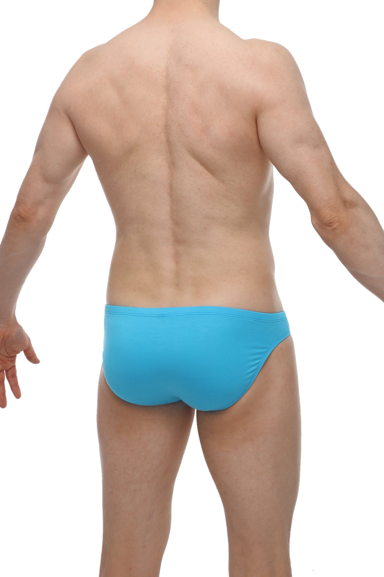 Bright blue petitq brief mulsans turquoise swim trunks with smooth form fitting design for swimming use