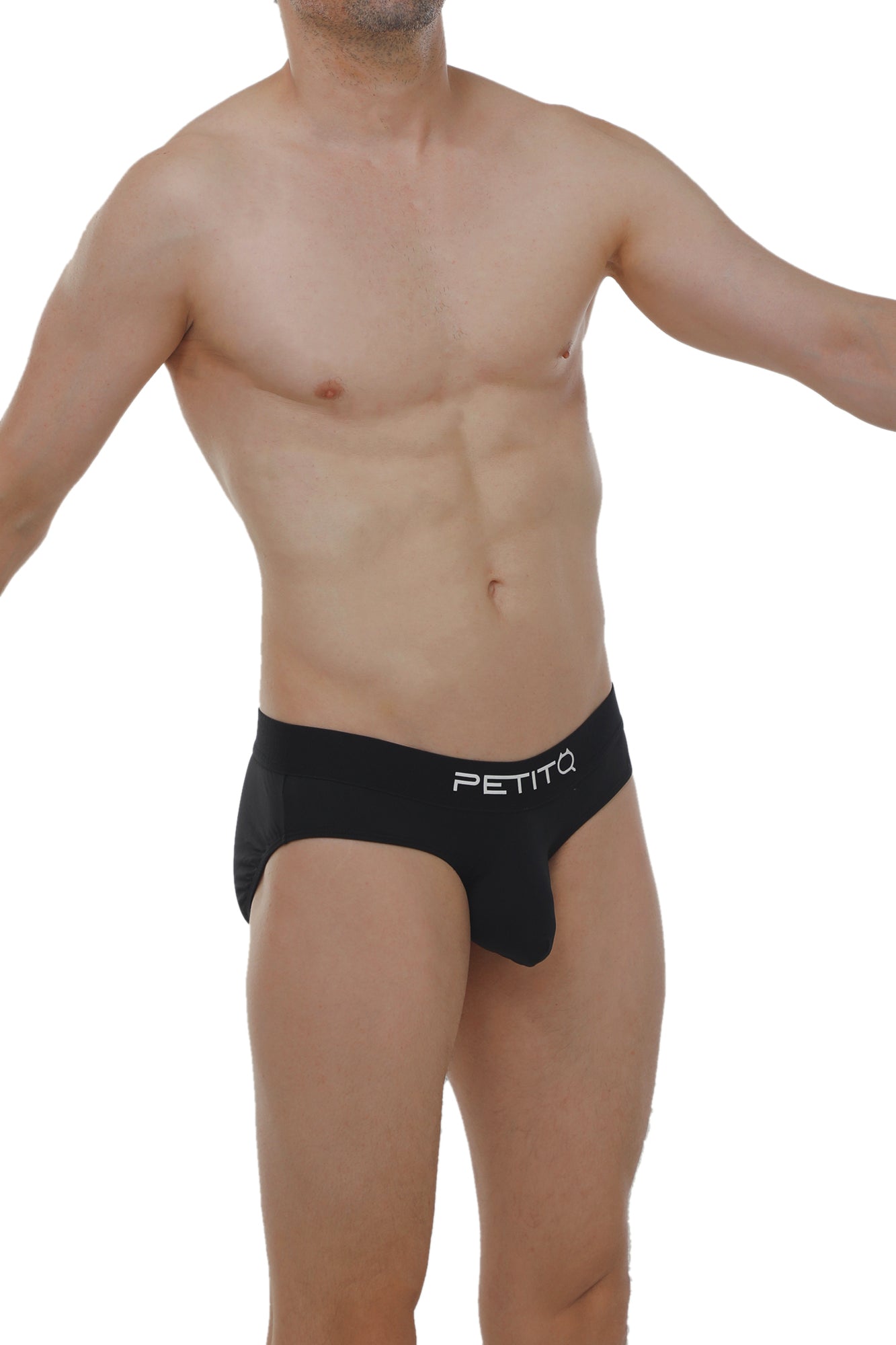 PetitQ brief Orlic black sleek form-fitting men’s underwear with white logo on waistband in black fabric