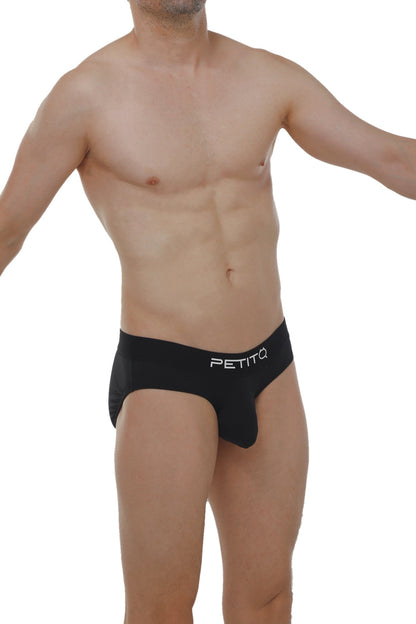 PetitQ brief Orlic black sleek form-fitting men’s underwear with white logo on waistband in black fabric