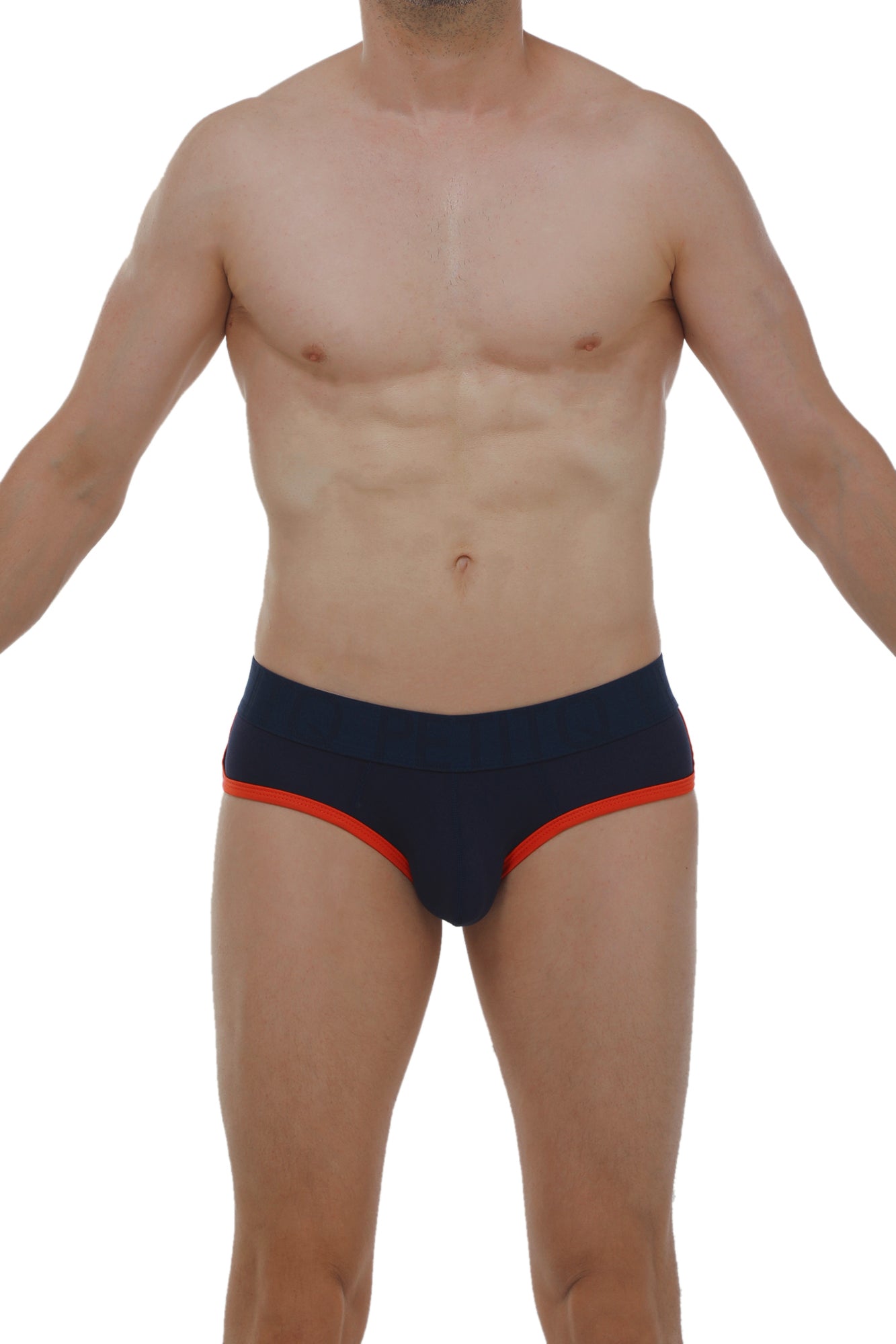 PetitQ brief retro modal navy in navy blue with vibrant orange trim on waistband and leg openings