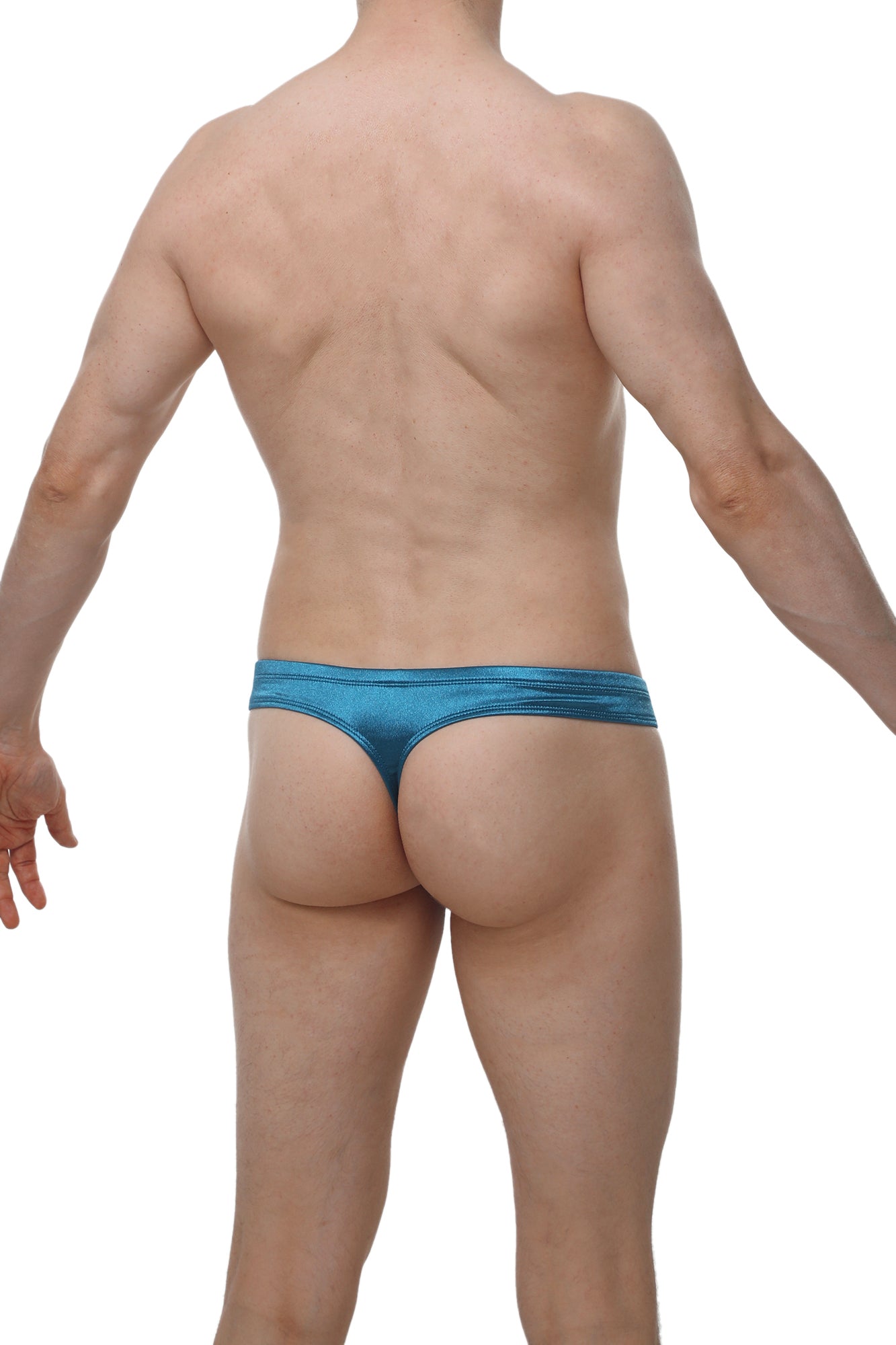 Blue metallic petitq cheeky thong satin teal with a sleek shiny finish showing the back side of the product
