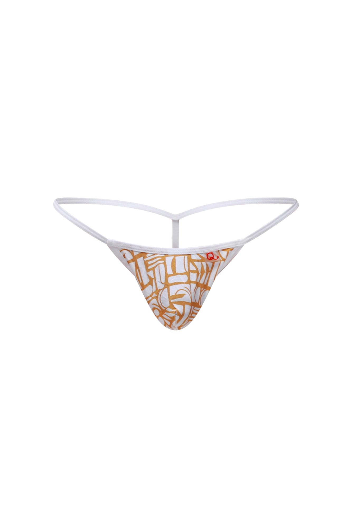 White thong g-string by petitq with orange and white abstract geometric pattern showing front side