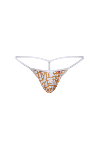 White thong g-string by petitq with orange and white abstract geometric pattern showing front side