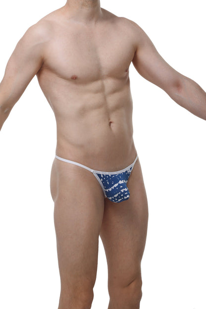 Blue and white patterned denim thong with thin matching waistband from PetitQ G-String Herat New Denim collection