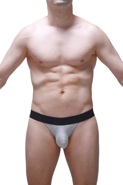 Silver metallic briefs with black waistband from PetitQ g-string attin gray highlighting its sleek design