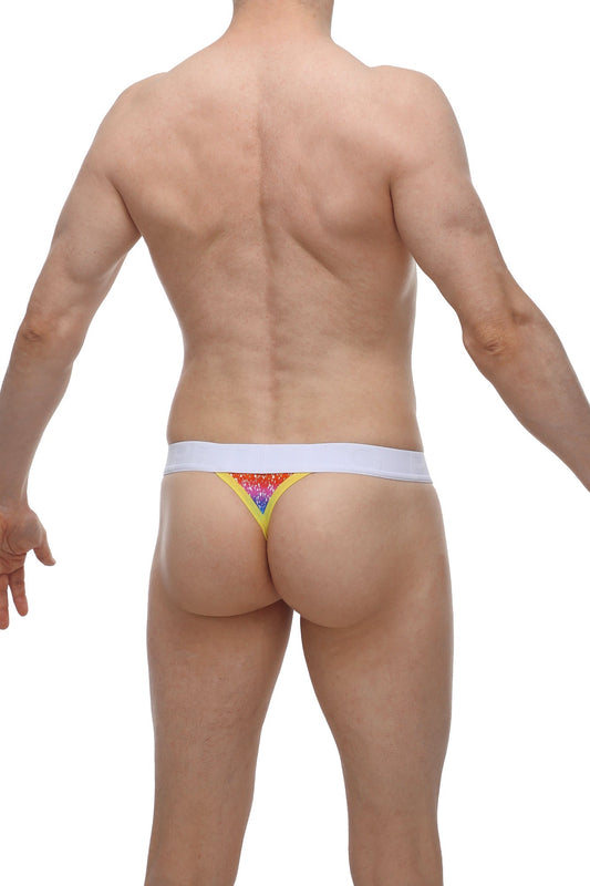 Petitq g-string aubiat rainbow rainbow sequined thong with white waistband shown from the back side