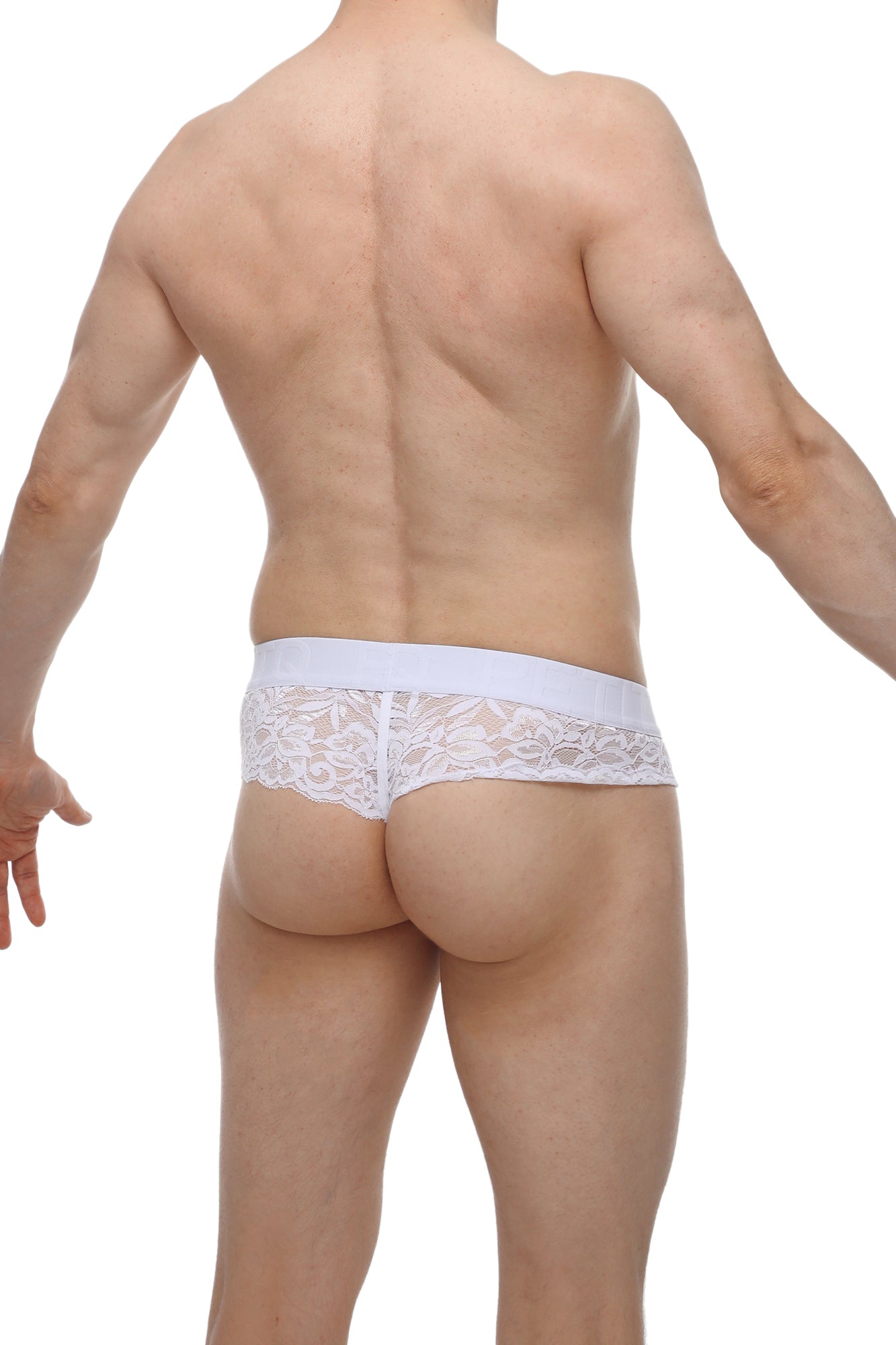 White lace thong petitq g-string blécourt with solid white waistband shown from the back