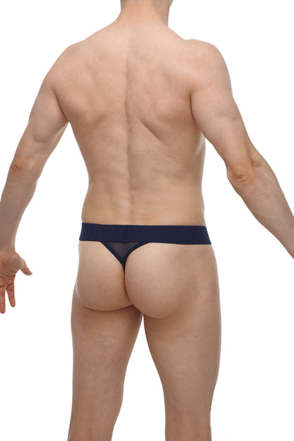 Navy blue mesh thong with solid waistband showing back side in petitq g-string chanac net navy product image