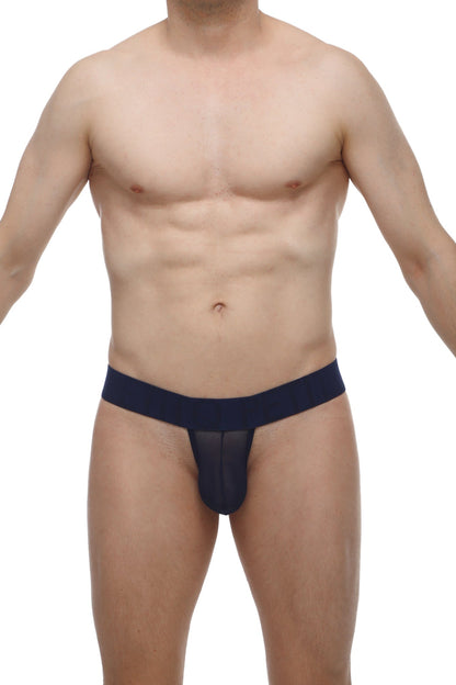 Navy blue mesh petitq g-string chanac net thong with solid waistband shown from the back side