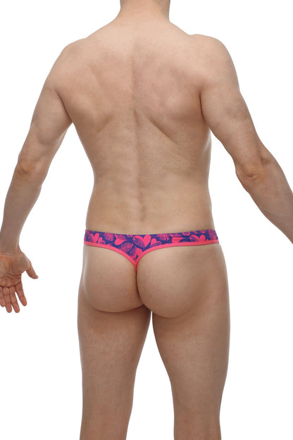Petitq g-string cleder tropical hearts bright pink and navy blue thong with tropical leaf pattern shown from the back