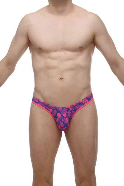 Vibrant pink and navy blue petitq g-string briefs with tropical leaf pattern ideal for stylish summer wear