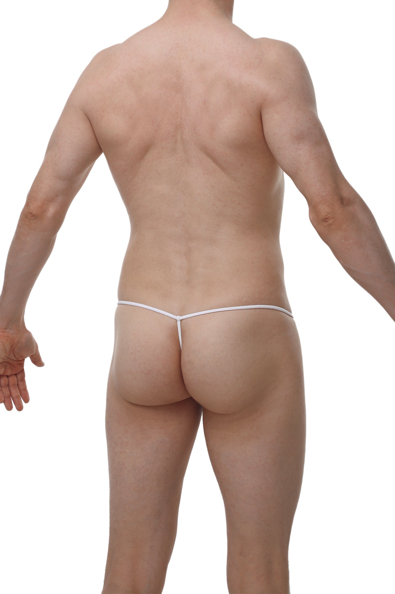 White petitq g-string cocksak with thin seamless fabric straps showing back side in new denim style
