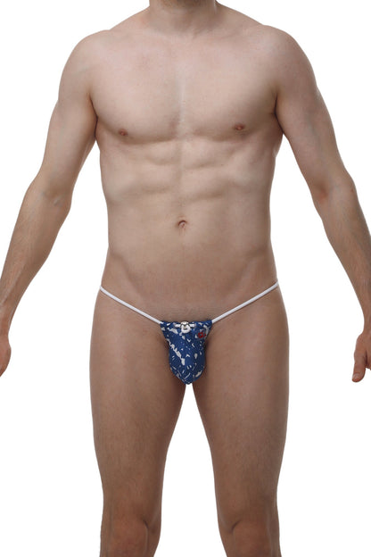 Blue patterned denim petitq g-string with white elastic waistband for comfortable support and style
