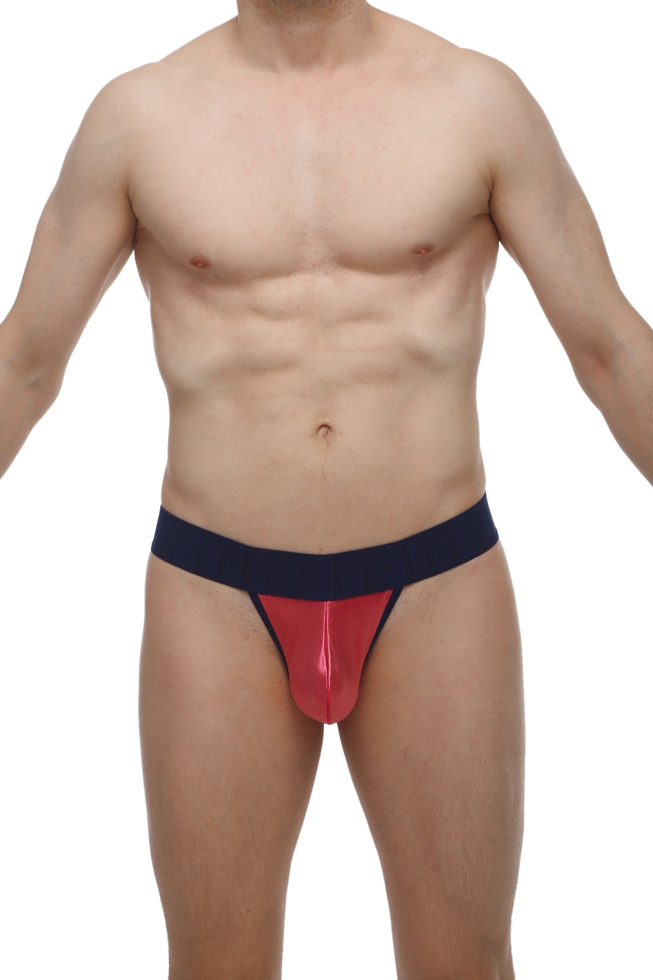 Red and navy blue glossy latex thong PetitQ G-string Saleon Satin Pink showing front side details