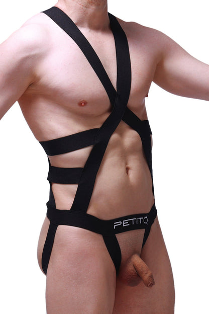 Black petitq jock harness champol bodysuit with crisscross straps and cutout design showing the back side