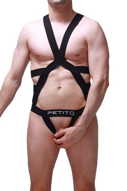 Black petitq jock harness champol bodysuit with crisscross straps and waistband showing the back side