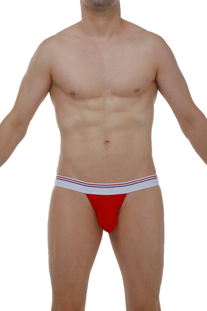 Petitq jockstrap blyes modal red athletic briefs in red with white waistband featuring thin red and blue stripes