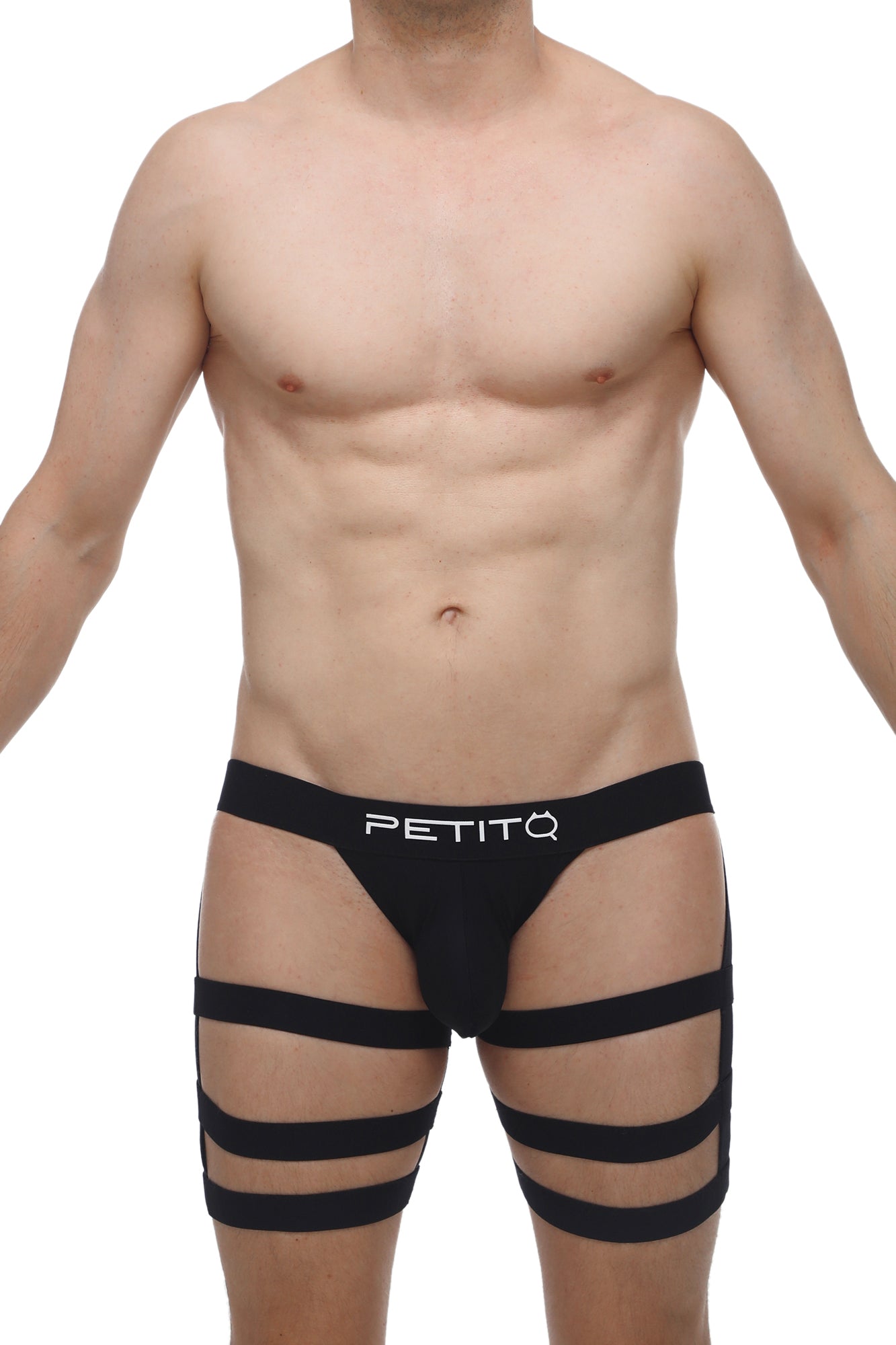 PetitQ jockstrap bondage black men’s underwear with cut-out design and multiple horizontal straps in stretchy fabric