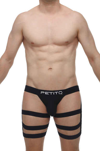 PetitQ jockstrap bondage black men’s underwear with cut-out design and multiple horizontal straps in stretchy fabric