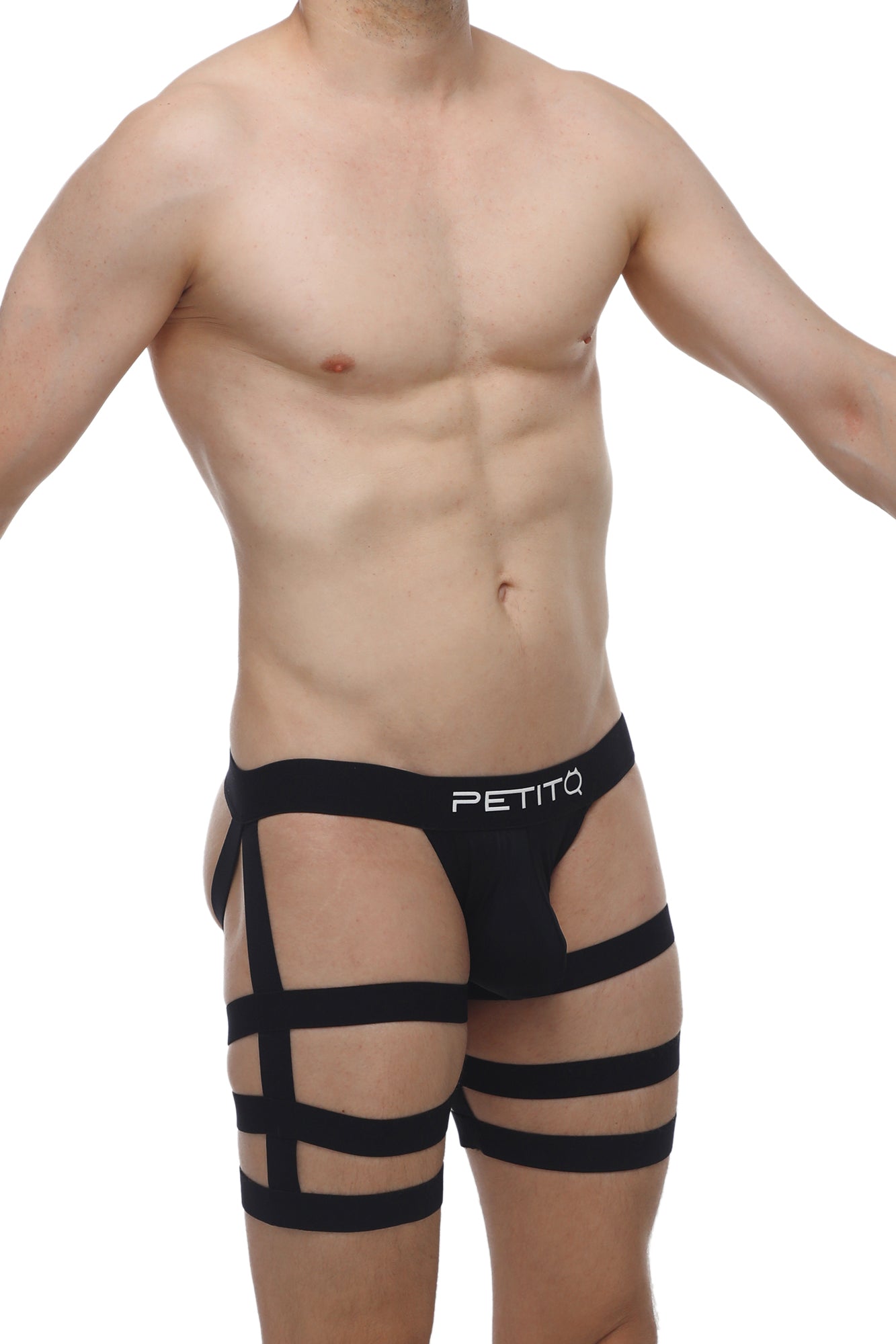 Black petitq brand men’s briefs with bold geometric strap design in petitq jockstrap bondage black style