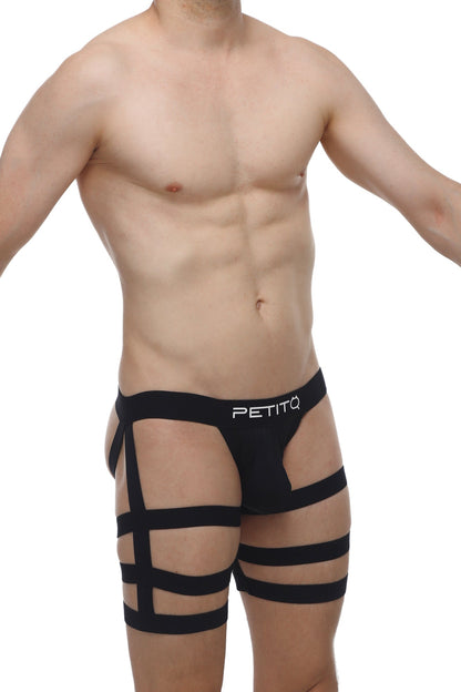 Black petitq brand men’s briefs with bold geometric strap design in petitq jockstrap bondage black style