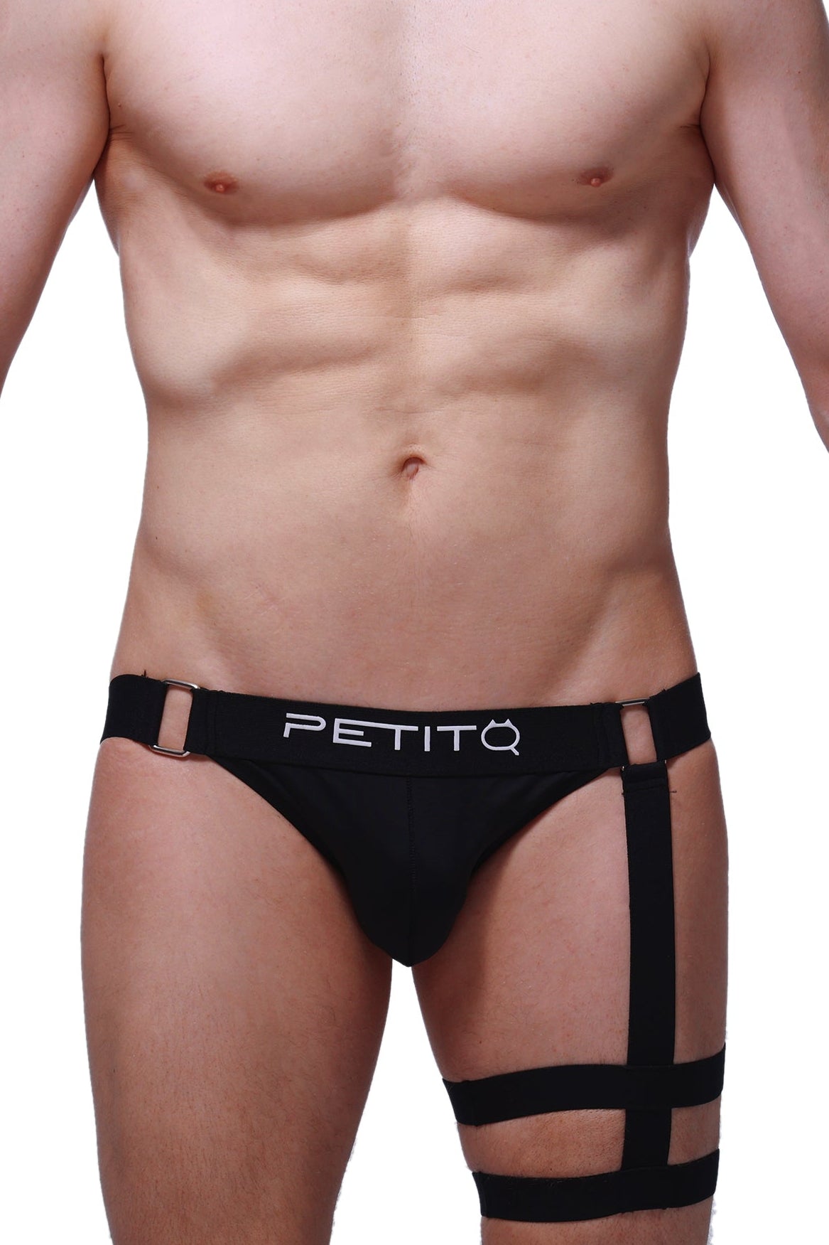 Black PetitQ jockstrap Calenge briefs with adjustable leg straps and metallic buckle for secure fit