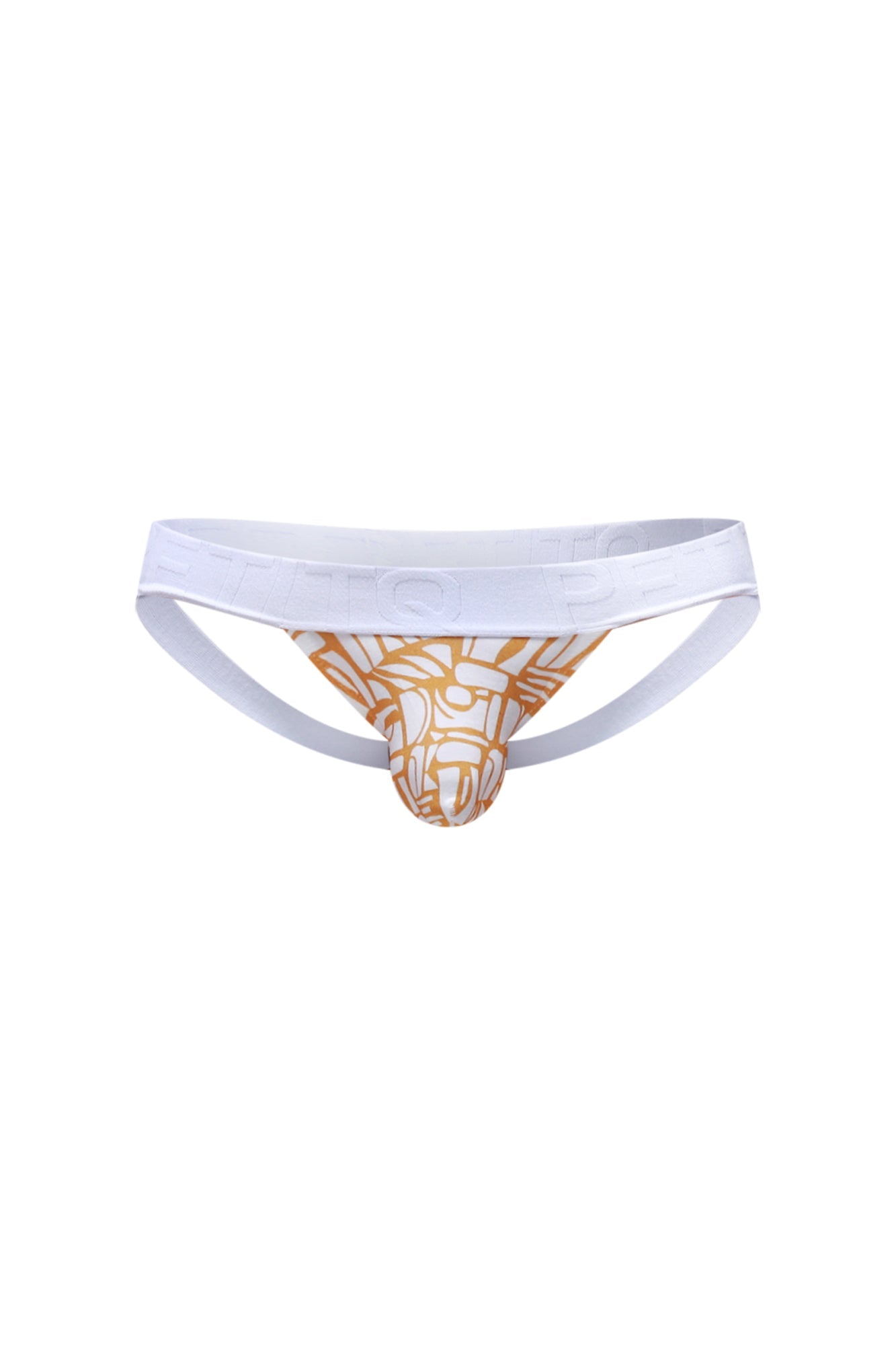 White and gold patterned PetitQ jockstrap chill Carlot alloy briefs with bold geometric design for athletic use